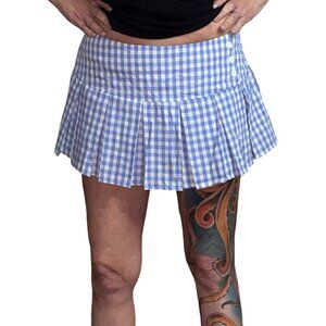 Sz.L*Blue & White Pleated Checked-Print Gingham Mini Skirt w/Shorts